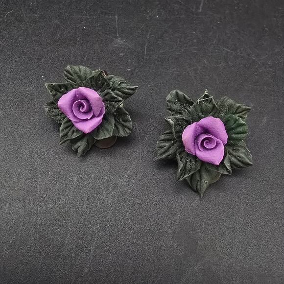 Purple Porcelain Rose Flower Clip On Earrings Vintage Floral Costume Jewelry - Picture 1 of 6